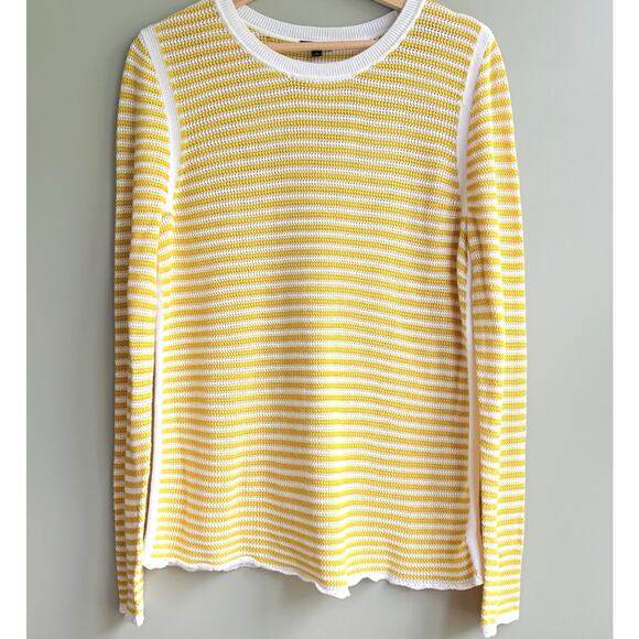 TALBOTS M Crewneck Knit Sweater Scallop Trim Yellow White Stripe Preppy Coastal - Picture 2 of 12